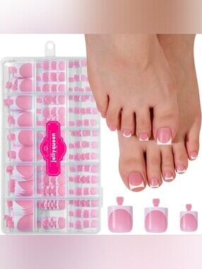 🦄 Press on Toenails 150 Pcs - Berry Pink White French Square Soft Gel